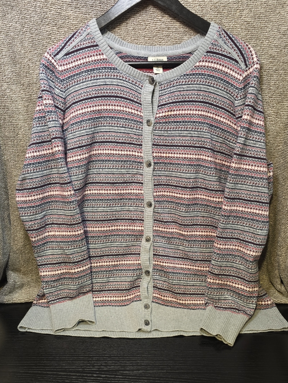 L.L. Bean Light Gray, Pink & Navy Striped Button Cardigan